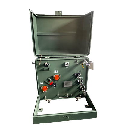 Green single-phase pad-mounted distribution transformer with the enclosure door open