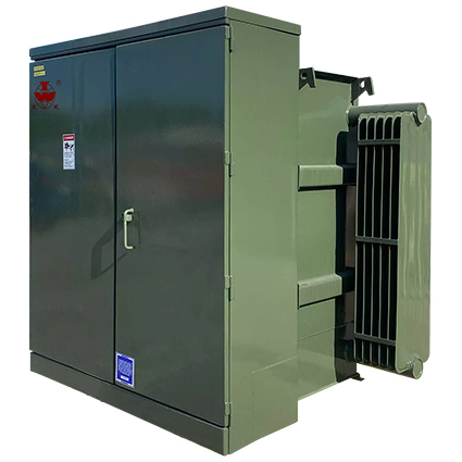 Green enclosed three-phase pad-mounted distribution transformer with front access cabinet