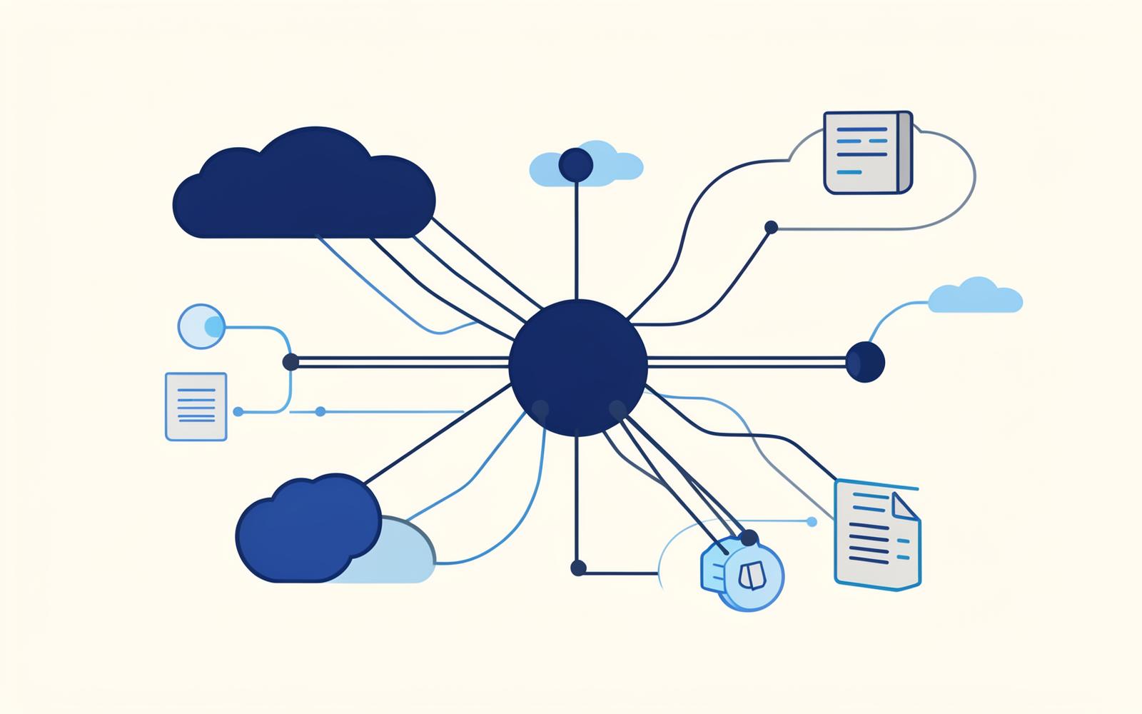 Abstract enterprise diagram of cloud infrastructure connected to documents and data flows